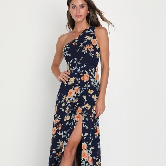 Lulus Dresses & Skirts - Lulus Elegant Admiration Navy Blue Floral One-shoulder Maxi Dress - Size S